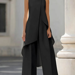 Black sleeveless tailored set: draped asymmetric vest top and wide-leg pants
