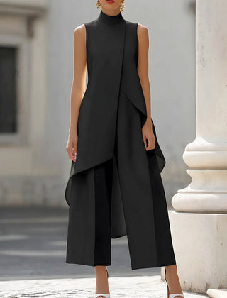 Black sleeveless tailored set: draped asymmetric vest top and wide-leg pants
