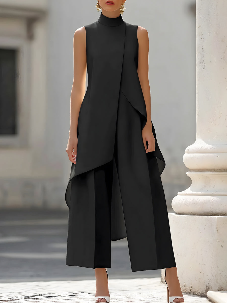 Black sleeveless tailored set: draped asymmetric vest top and wide-leg pants