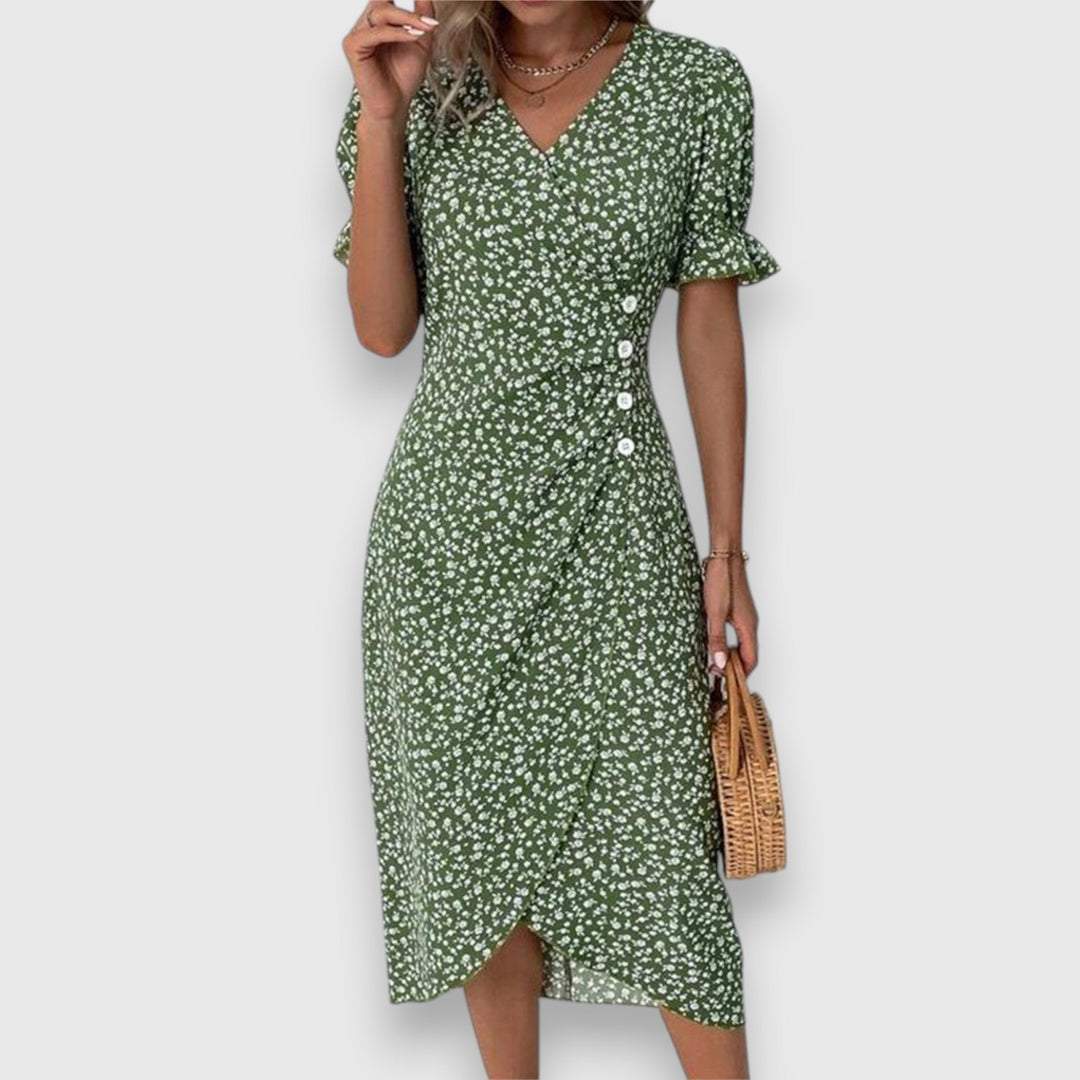 Green floral midi dress with V-neck, ruffled sleeves, and front button detail