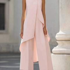Pink sleeveless tailored set with draped asymmetric vest top and wide-leg pants