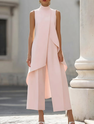 Pink sleeveless tailored set with draped asymmetric vest top and wide-leg pants