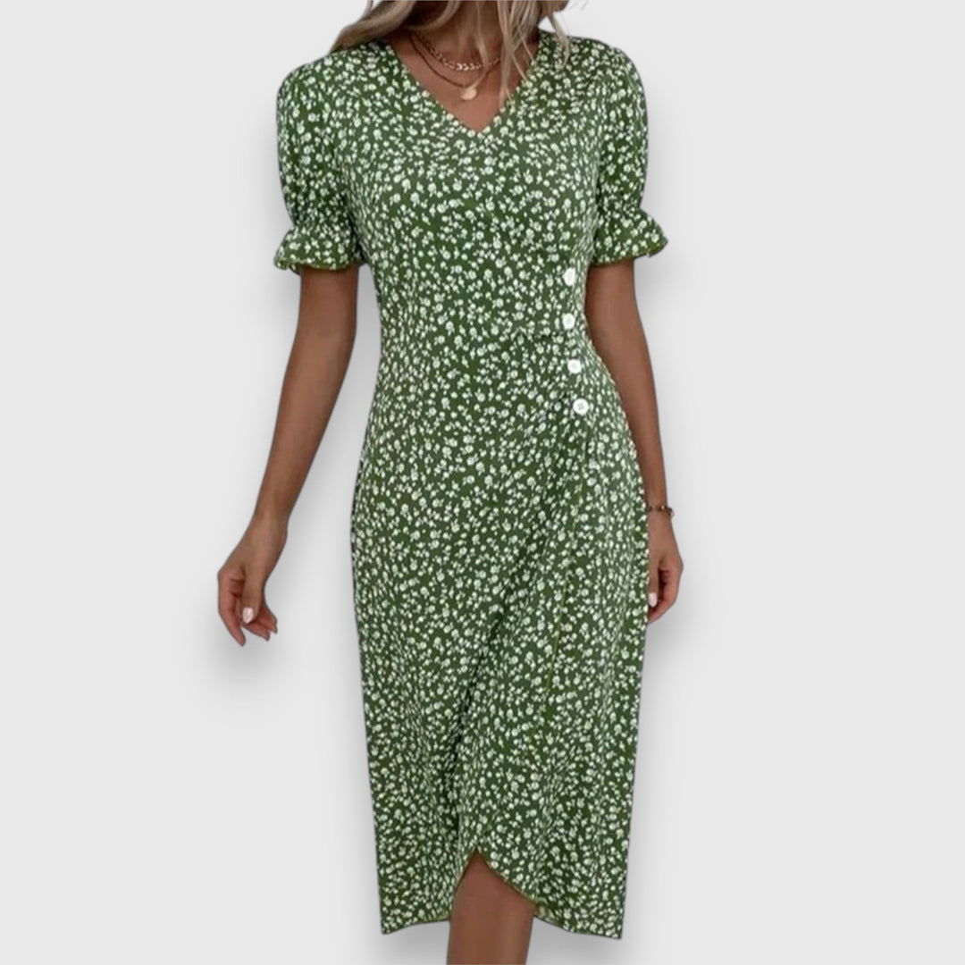 Green floral midi dress with V-neck and ruffled short sleeves, front button detail