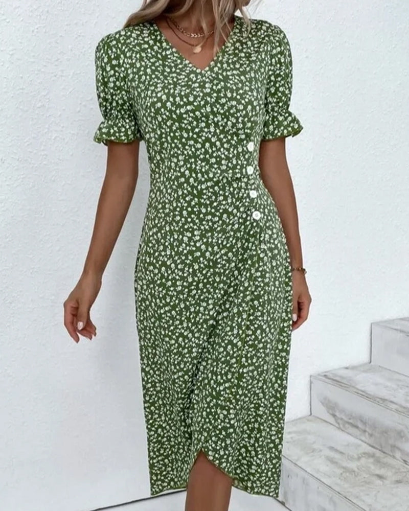 Green v-neck midi dress with white floral print, button front, short puff sleeves