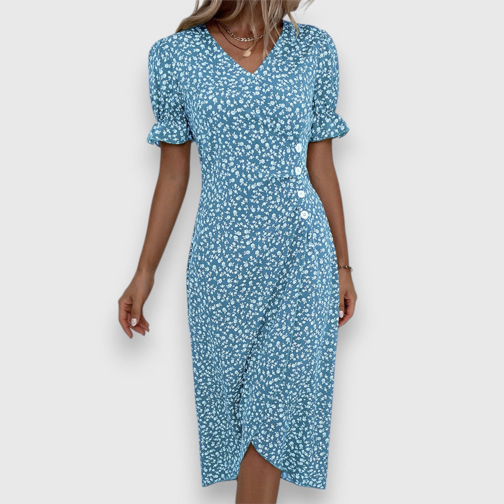 Blue floral midi dress with V-neck and ruffled sleeves, front button closure