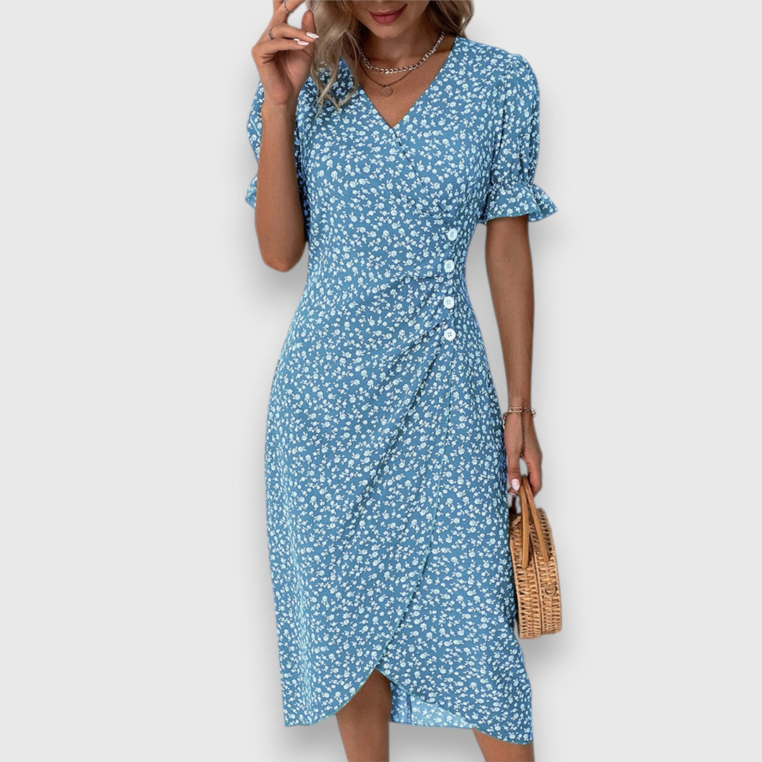 Blue floral midi dress with V-neck, ruffled sleeves, and front button detail