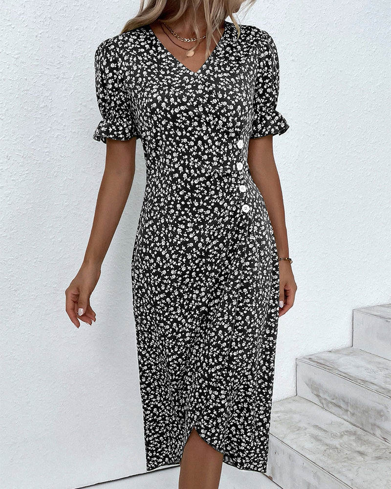 Black floral V-neck midi dress with short puff sleeves and center-front button detail