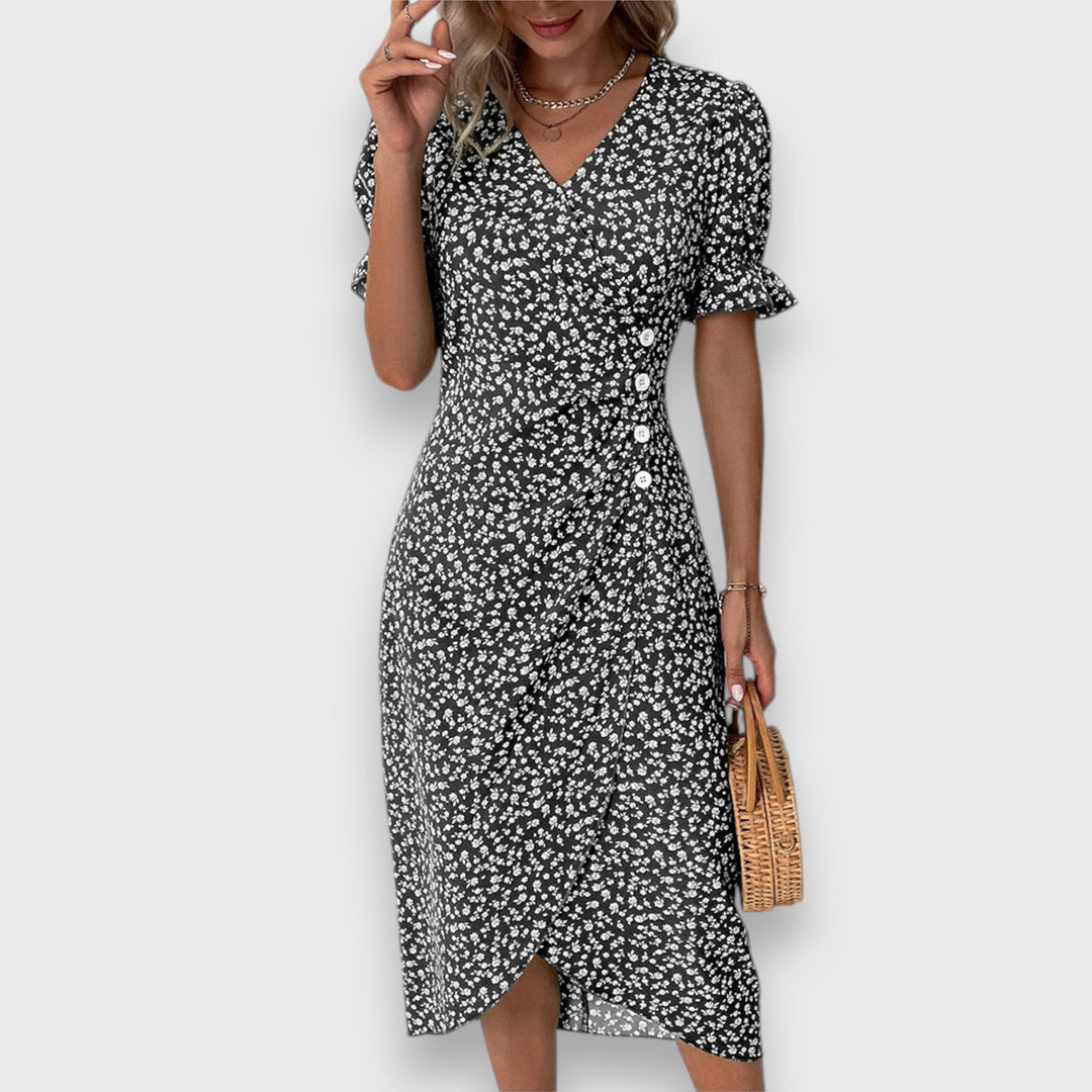 Black floral midi dress with V-neck, ruffled sleeves, and side-slit hem
