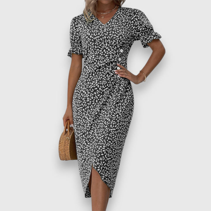 Black floral midi dress with V-neck, ruffled sleeves, and front button detail