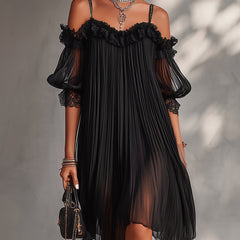 Black off-shoulder lace dress with ruffled sleeves and pleated skirt