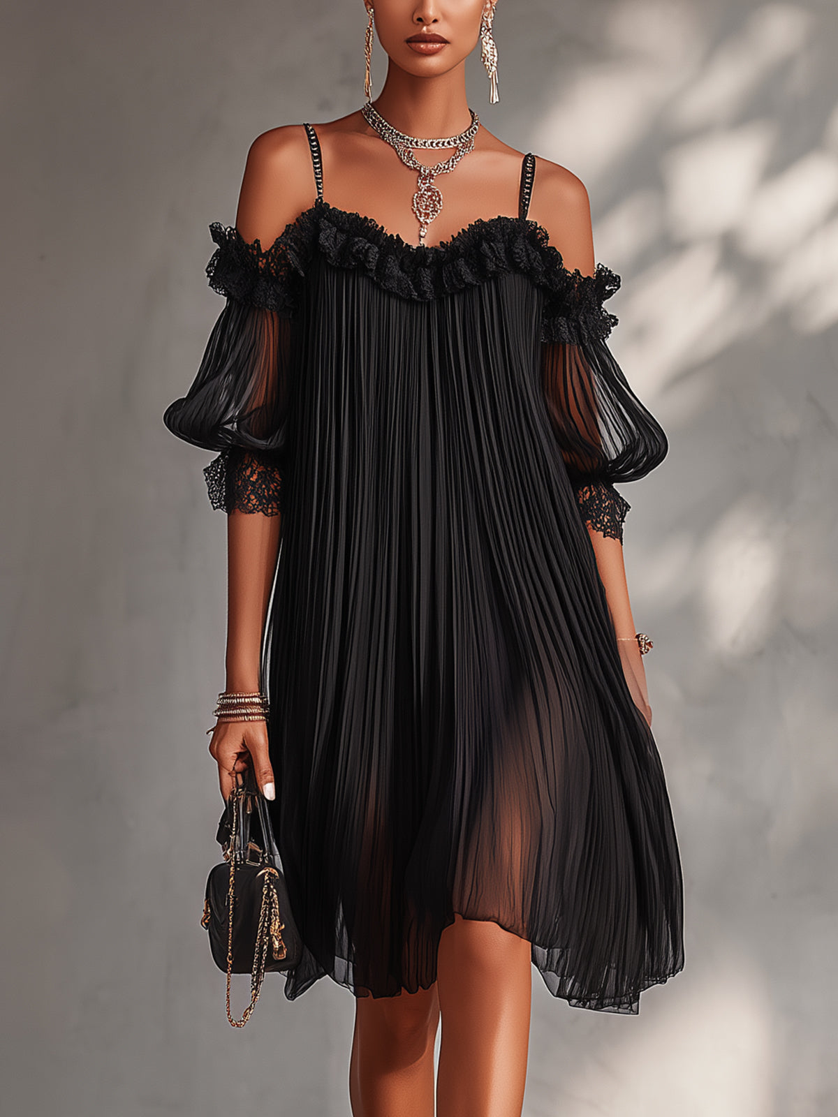 Black off-shoulder lace dress with ruffled sleeves and pleated skirt