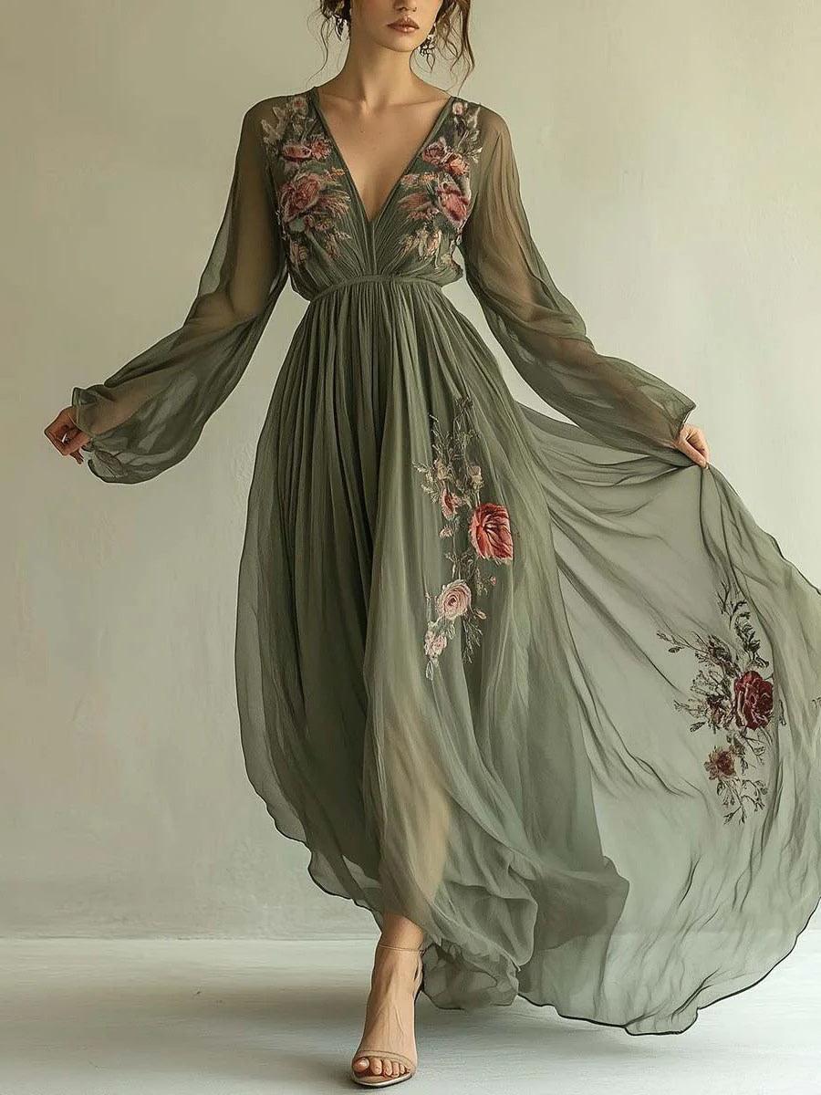 Laurelle™ chiffon dress in sage green, V-neck with floral embroidery, long flowing sleeves