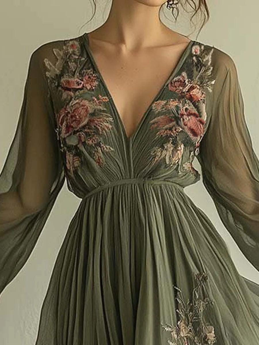 Laurelle™ chiffon dress bodice, V-neck with rose floral embroidery and gathered waist