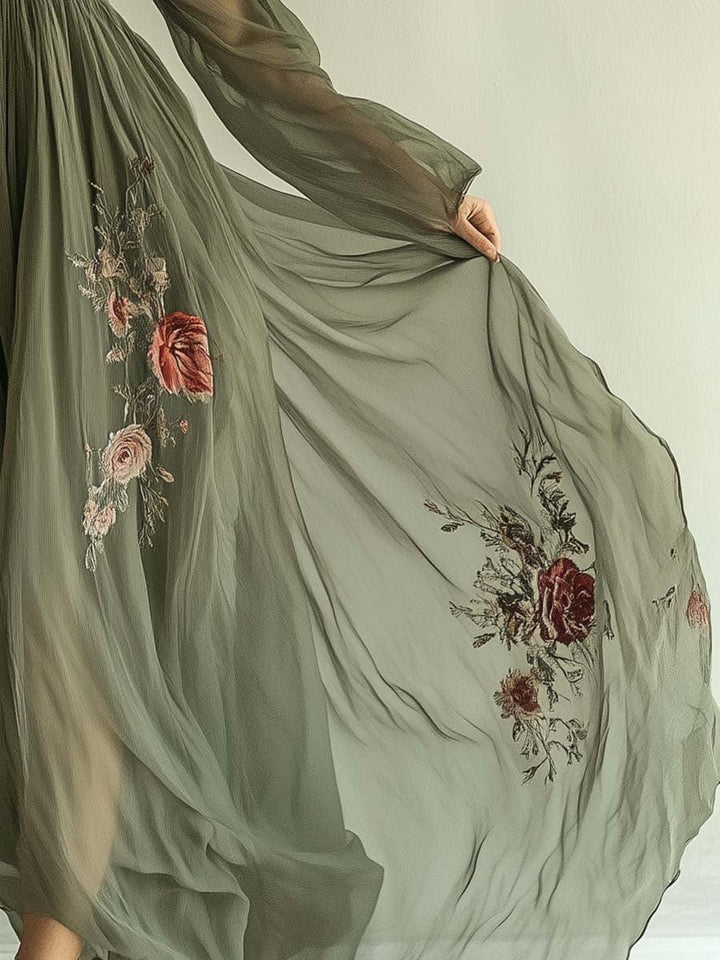 Laurelle™ chiffon dress skirt panel, sage green sheer fabric with rose floral embroidery