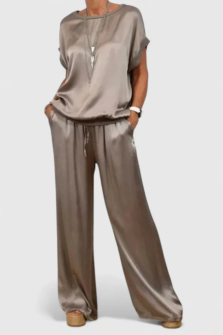 Taupe satin short-sleeve top with drawstring wide-leg pants two-piece set