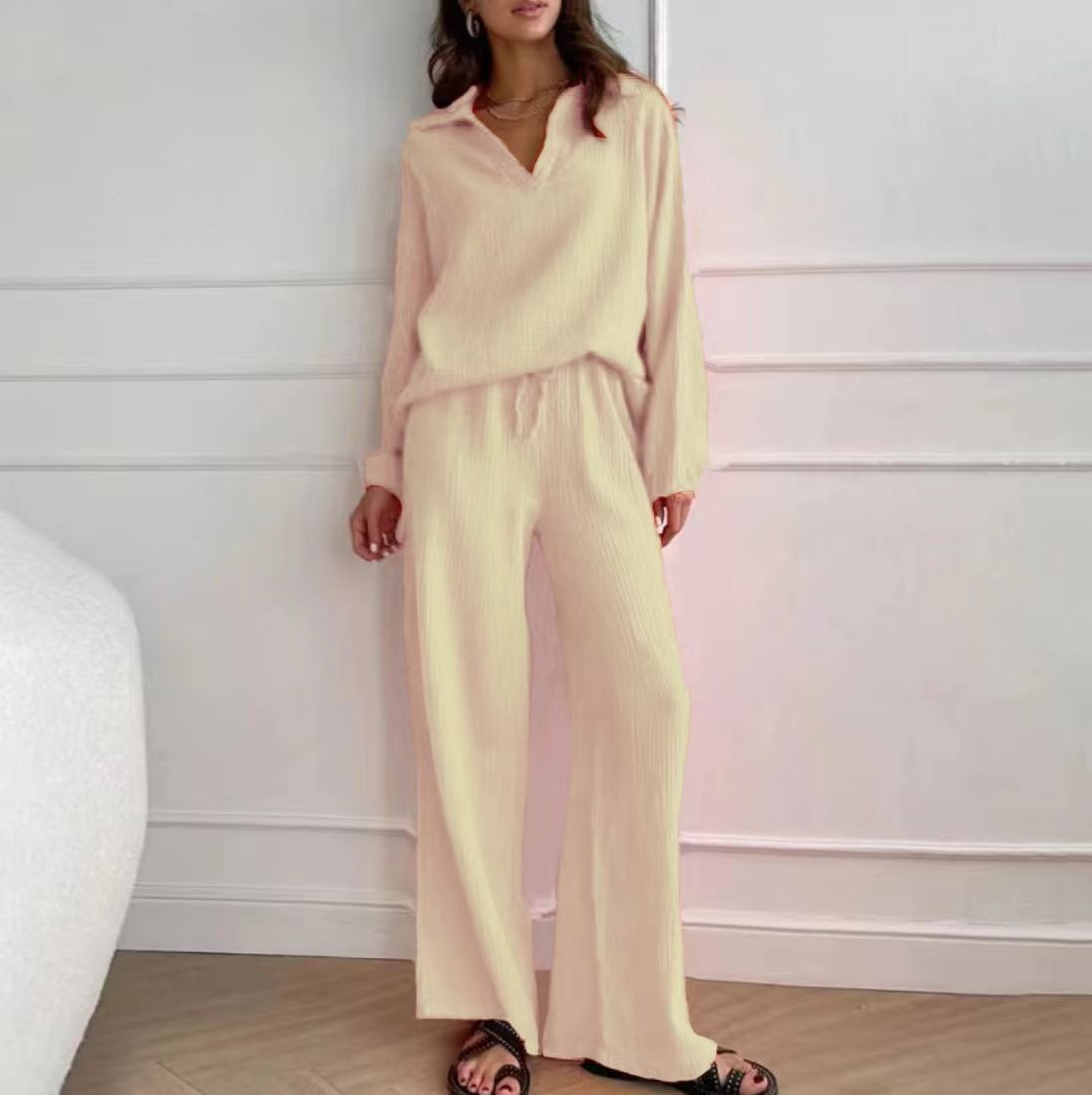 Light yellow V-neck long-sleeve blouse with matching wide-leg pants set