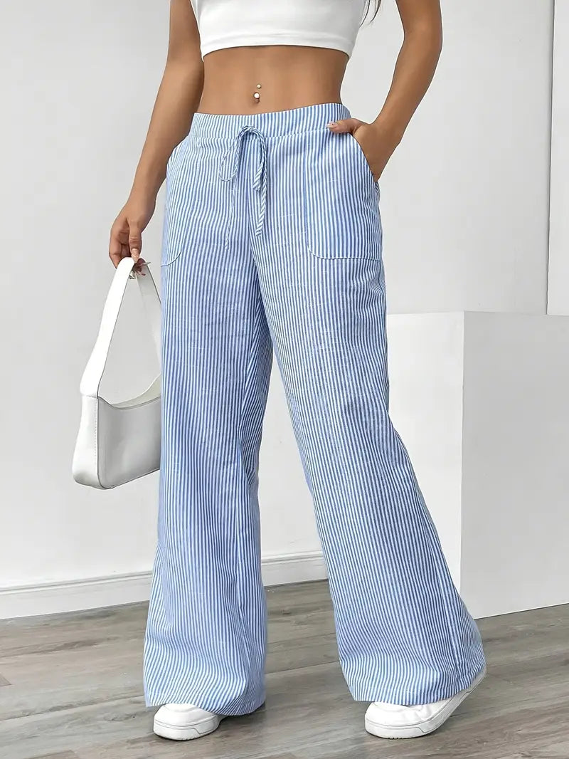 Elise™ blue pinstripe wide-leg pants, elastic waist and drawstring, front pockets