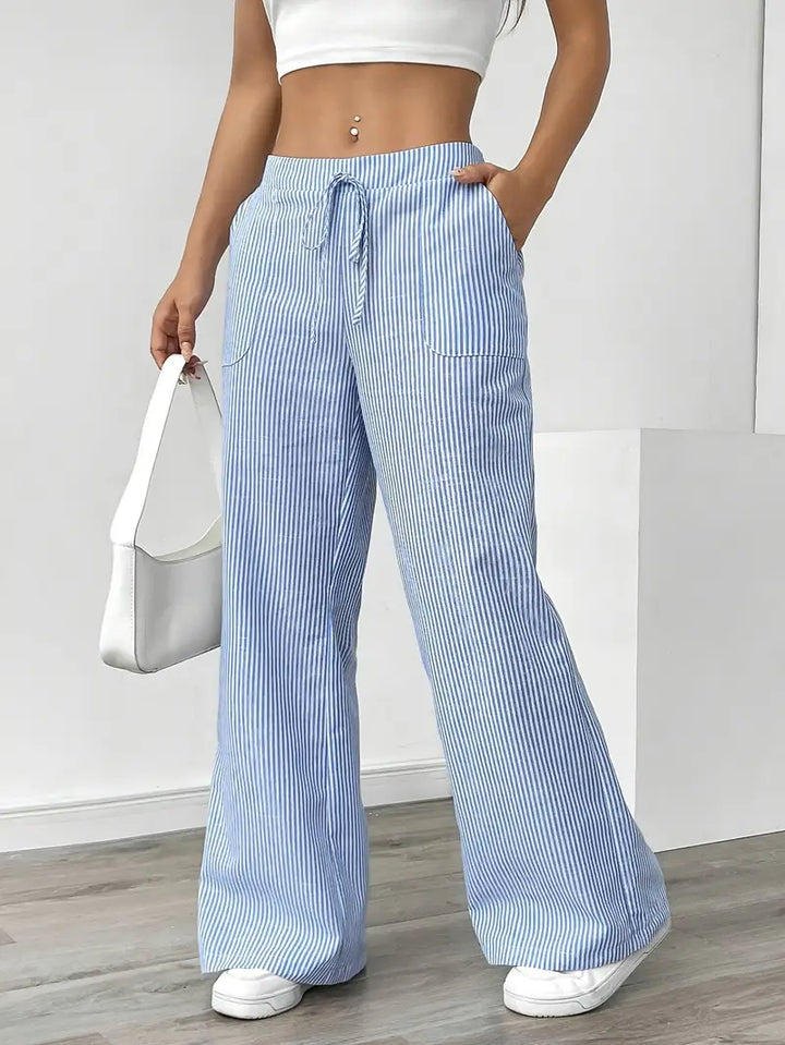 Elise™ blue pinstripe wide-leg pants, elastic waist and drawstring, front pockets