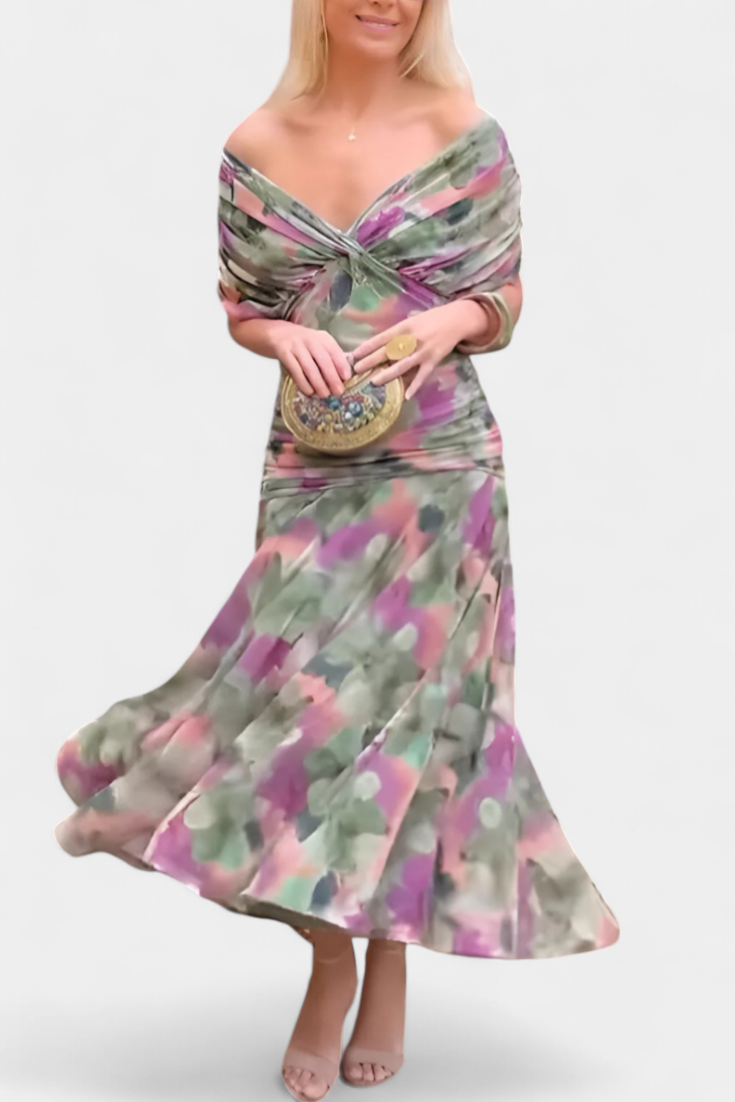 Flowy off-shoulder floral midi dress with twisted neckline and multicolor pattern, gathered skirt