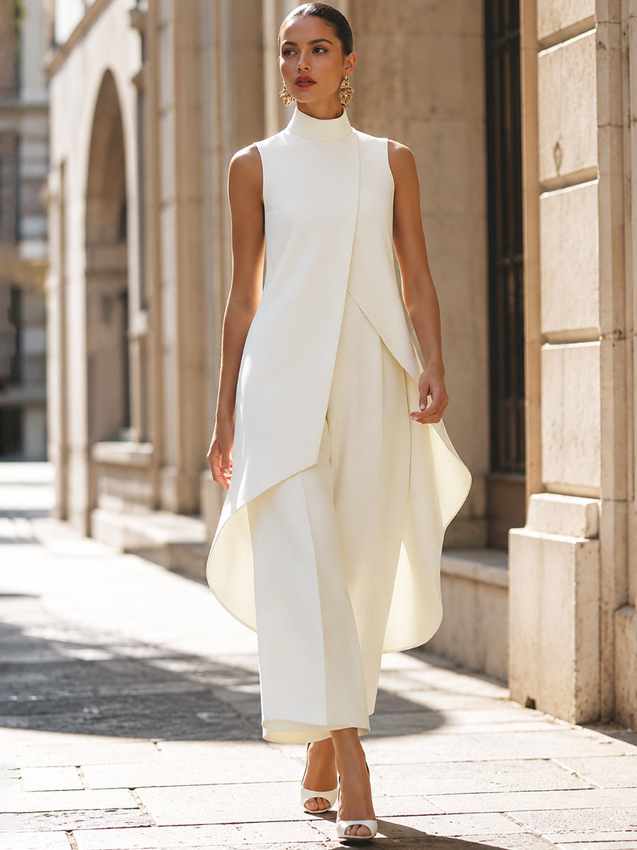 White sleeveless tailored set with draped asymmetric vest and wide-leg pants