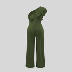 Green one-shoulder jumpsuit with asymmetrical ruffle shoulder and wide legs