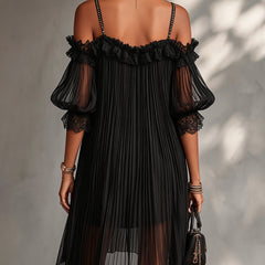 Black off-shoulder lace dress with open back, lace trim, and pleated tulle skirt
