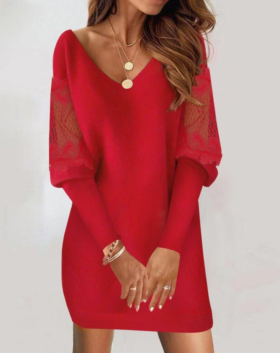 Red lace sleeve shift dress with V-neck and long puffed sleeves