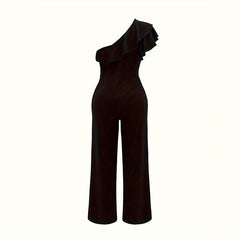 Black one-shoulder jumpsuit with asymmetric ruffle shoulder and wide legs