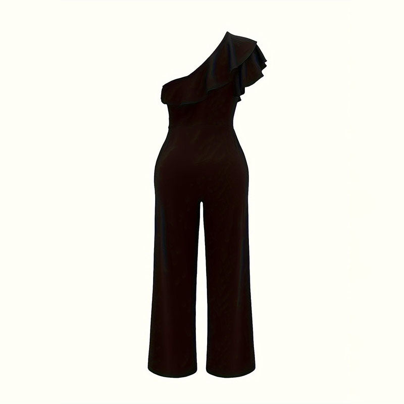 Black one-shoulder jumpsuit with asymmetric ruffle shoulder and wide legs