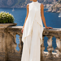 White sleeveless tailored set with draped vest top and wide-leg pants