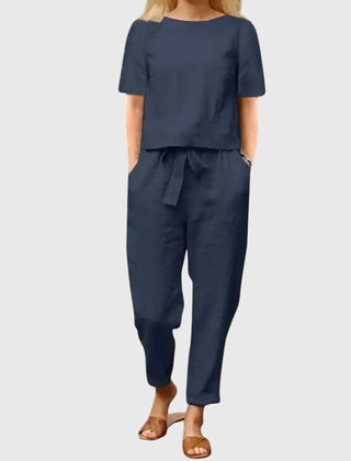 Blue short-sleeve top and jogger pants co-ord set, gathered waist with tie detail