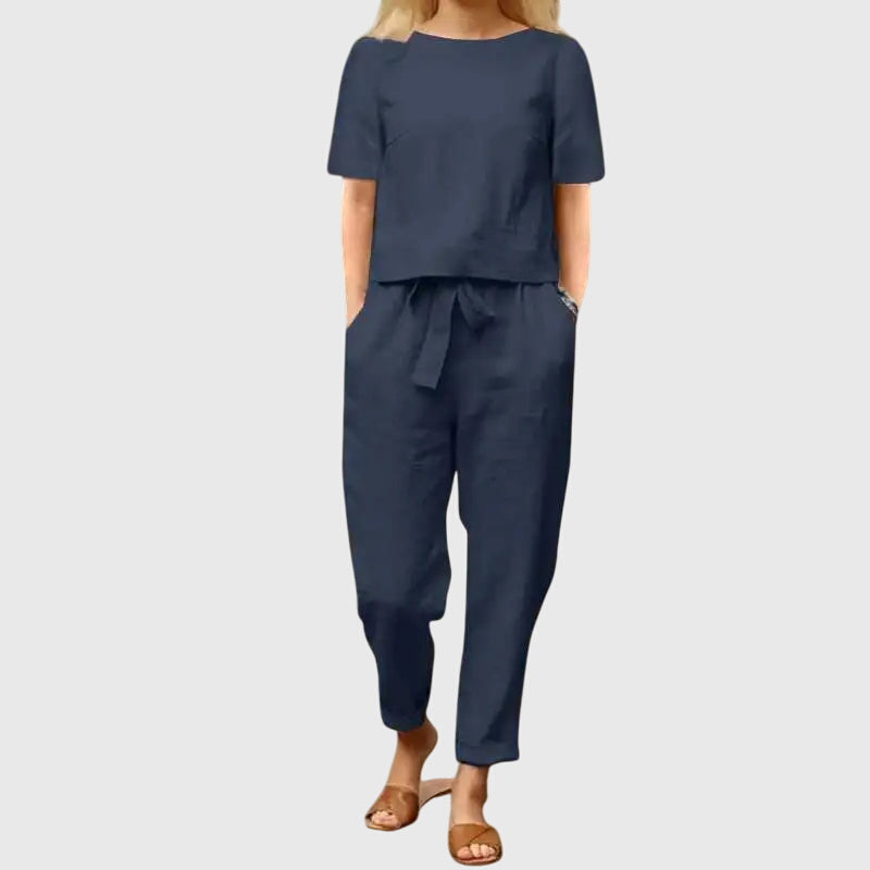 Blue short-sleeve top and jogger pants co-ord set, gathered waist with tie detail