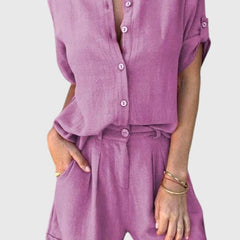 Women’s summer set in purple-pink: button-front shirt and matching shorts