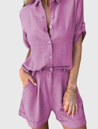 Women’s summer set in purple-pink: button-front shirt and matching shorts