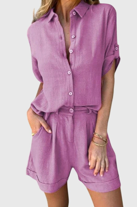 Women’s summer set in purple-pink: button-front shirt and matching shorts