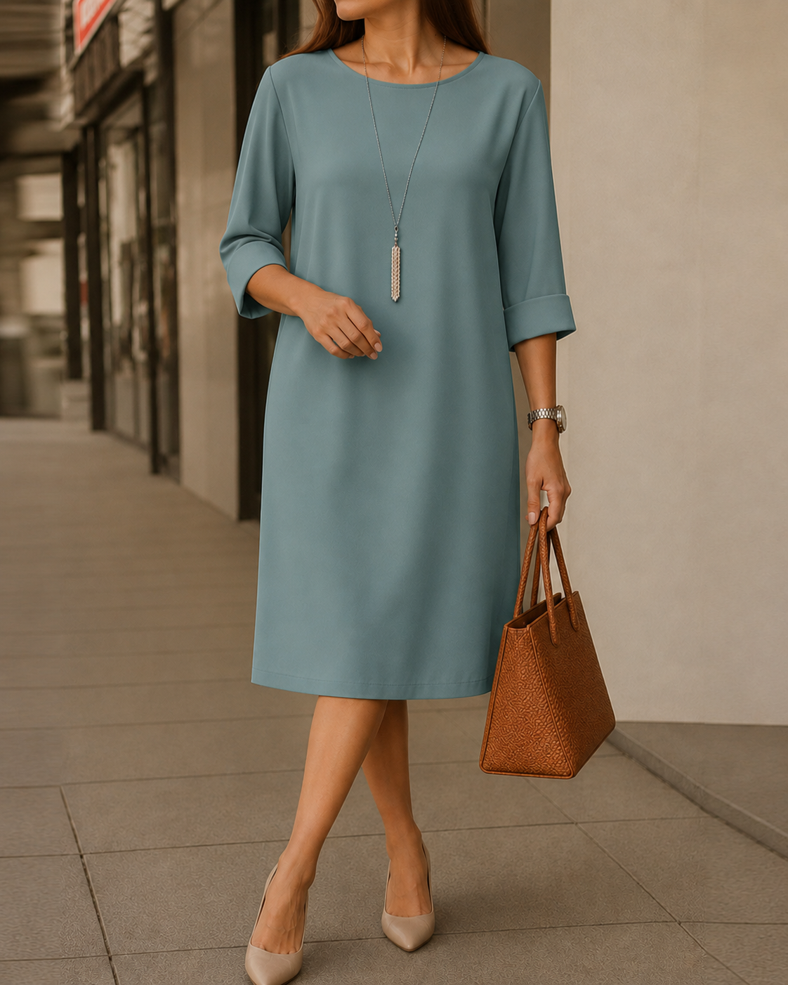 Dusty teal midi dress with round neckline and 3/4 sleeves, relaxed straight fit