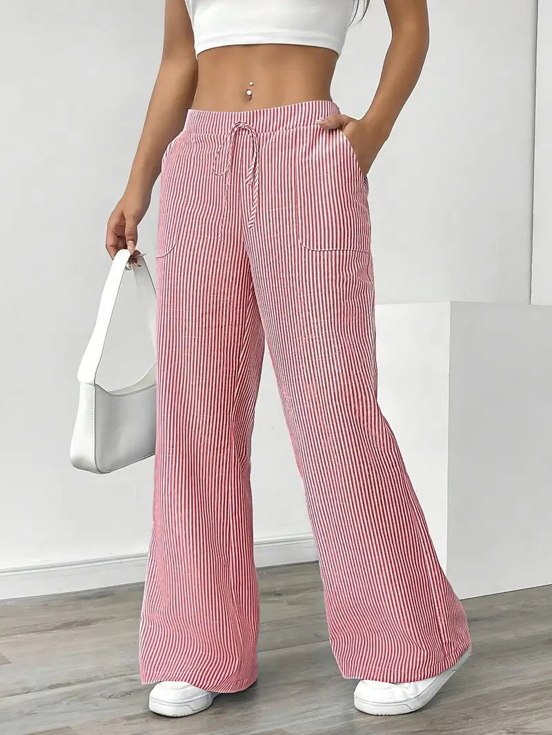 Elise™ pink pinstripe wide-leg pants, elastic waist with drawstring, side pockets