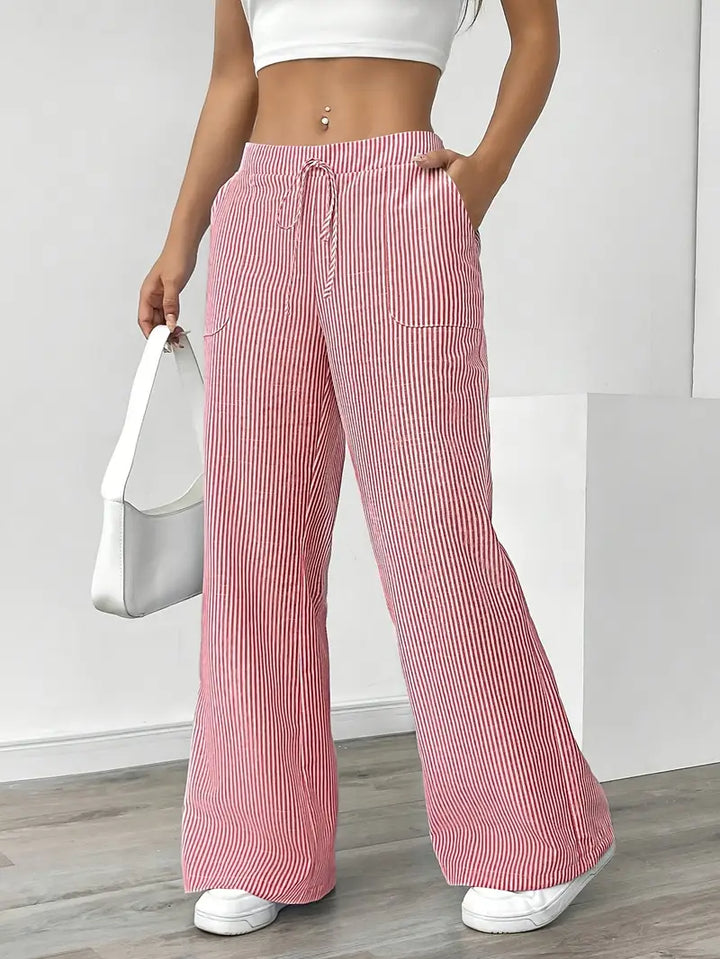Elise™ pink pinstripe wide-leg pants, elastic waist with drawstring, side pockets