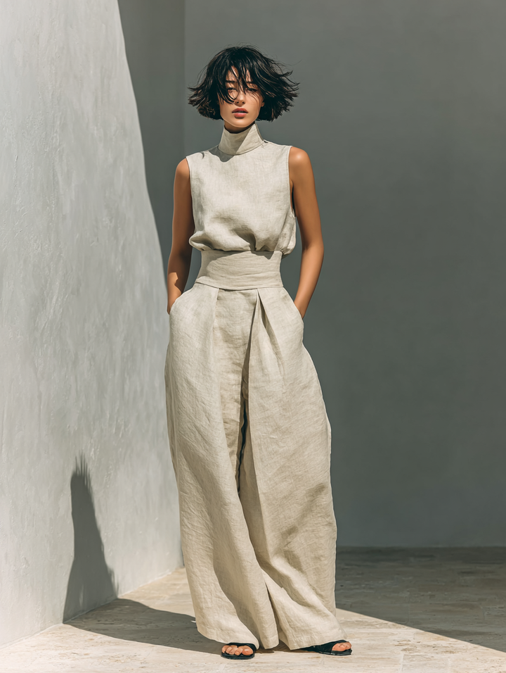 Sleeveless high-neck dress with ruched waist and wide-leg pants in light khaki