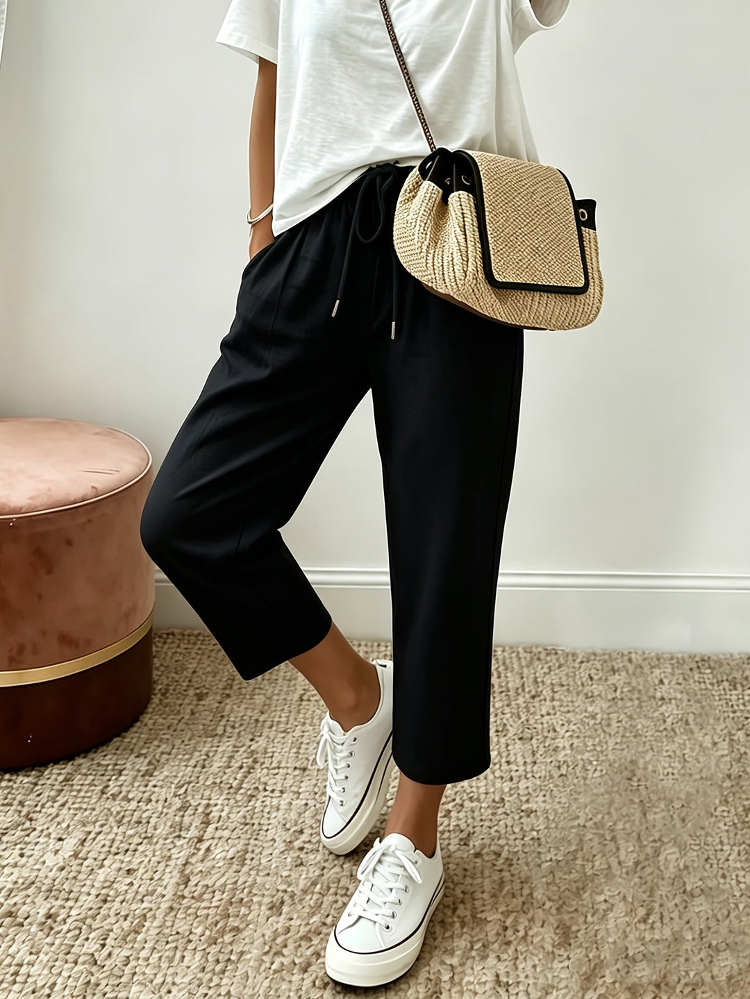 Cropped wide-leg trousers, black, drawstring waist with relaxed cropped leg