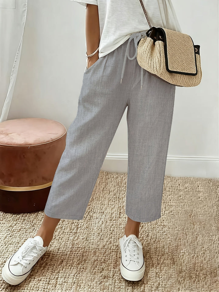 Cropped wide-leg trousers, light grey, drawstring waist and ankle-length hem