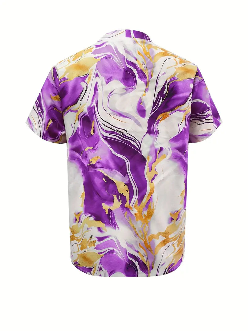 Marble print short-sleeve V-neck shirt in purple and cream with gold marbling (back)