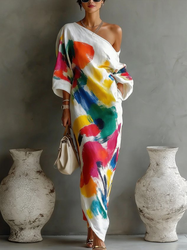 Danella™ one-shoulder maxi dress in white with multicolor abstract paint print, draped sleeve