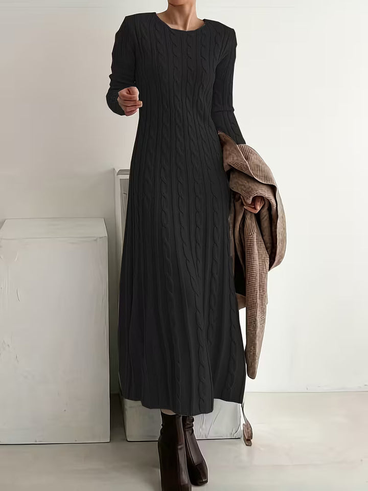 Venessa™ elegant maxi dress in black cable-knit, long sleeves, round neck