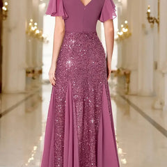 Purple sequin satin dress, V-back neckline, short flutter sleeves, fitted bodice, flared skirt