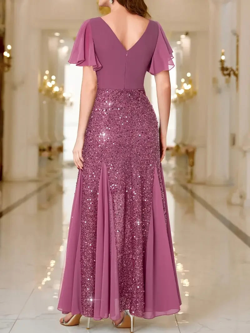 Purple sequin satin dress, V-back neckline, short flutter sleeves, fitted bodice, flared skirt
