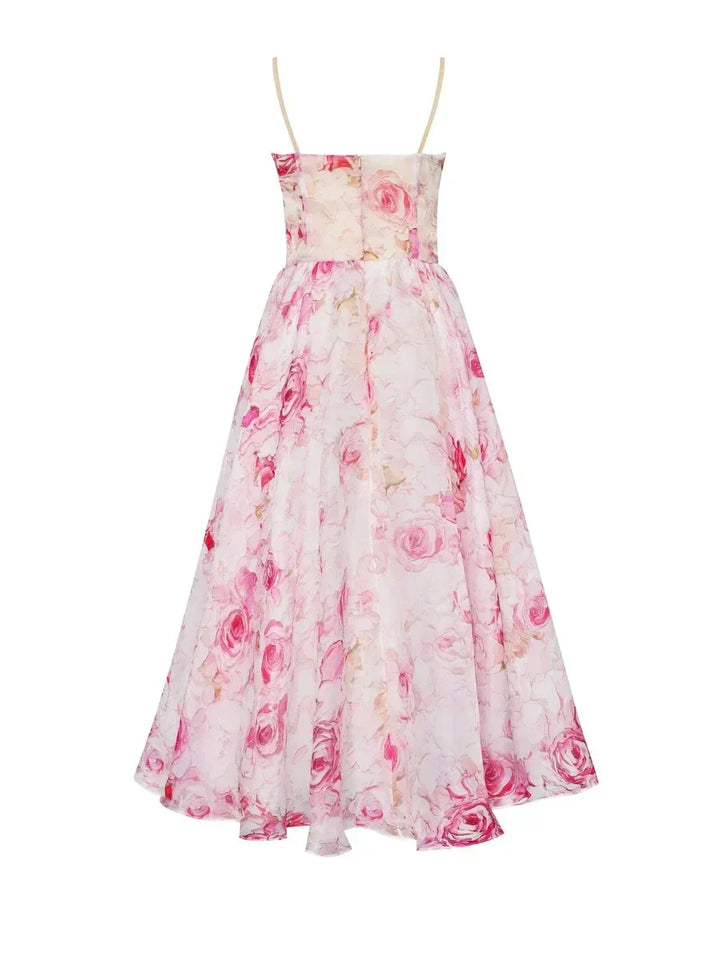 Pink rose print strapless dress with fitted bodice and flared midi skirt