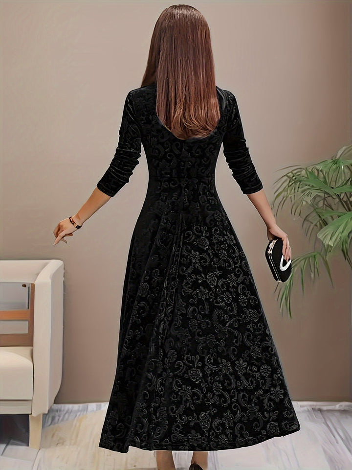 Black velvet midi A-line dress back view, square neckline, long sleeves, floral pattern