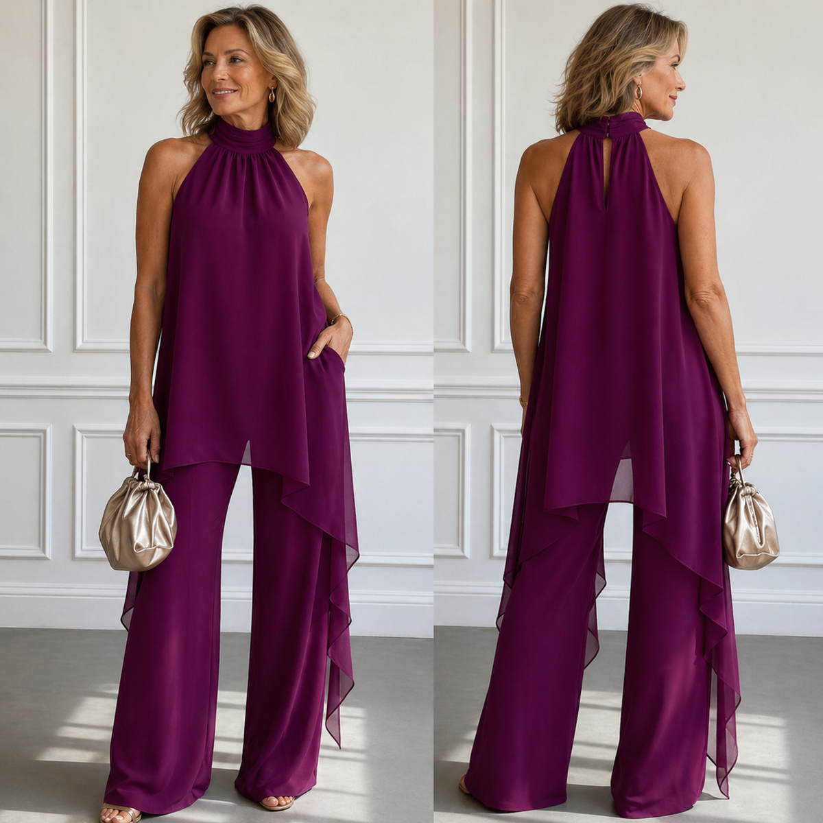 Penelope™ two-piece set in dark purple: sleeveless halter top with layered hem and wide-leg pants
