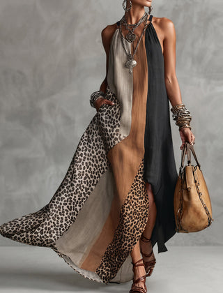 Halter maxi dress with leopard-print panels, dark top and flowing skirt